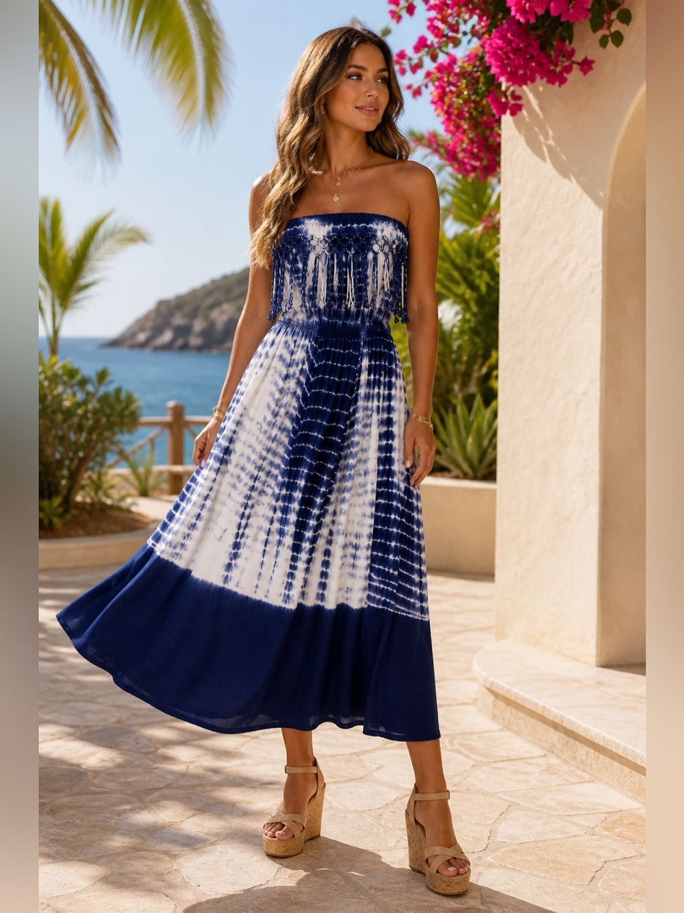 Boho Strapless Tie Dye Fringe Midi Maxi Dress Blue White Size S Resort Vacation
